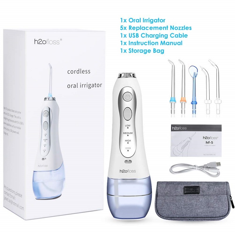 H2ofloss Water Flosser Professional Cordless Dental Oral Irrigator - Portable and Rechargeable IPX7 Waterproof Water Flossing for Teeth Cleaning,300ml Reservoir Home and Travel (HF-5)
